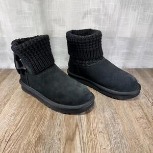 UGG Classic Short Knit Cuff Boots Black Suede Shearling Foldover Bow Winter 6